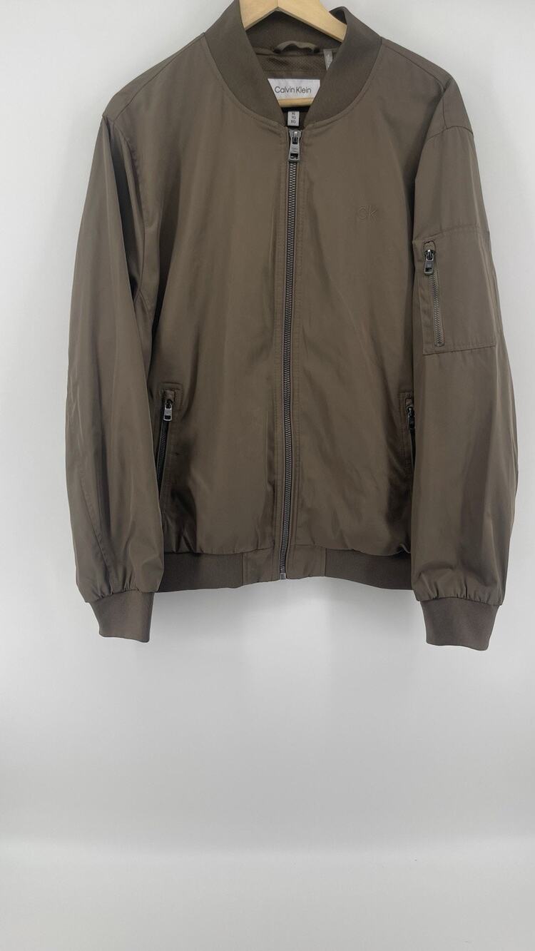 Calvin Klein Men’s XL Bomber Jacket Taupe Olive Full Zip CK Logo Coat